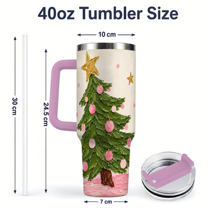 #pl[40oz|Pink] Pink Christmas Tree 40oz Handled Tumbler, Painted Holiday Ornament Art