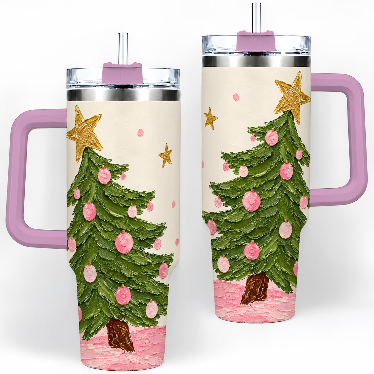 #pl[40oz|Pink] Pink Christmas Tree 40oz Handled Tumbler, Painted Holiday Ornament Art