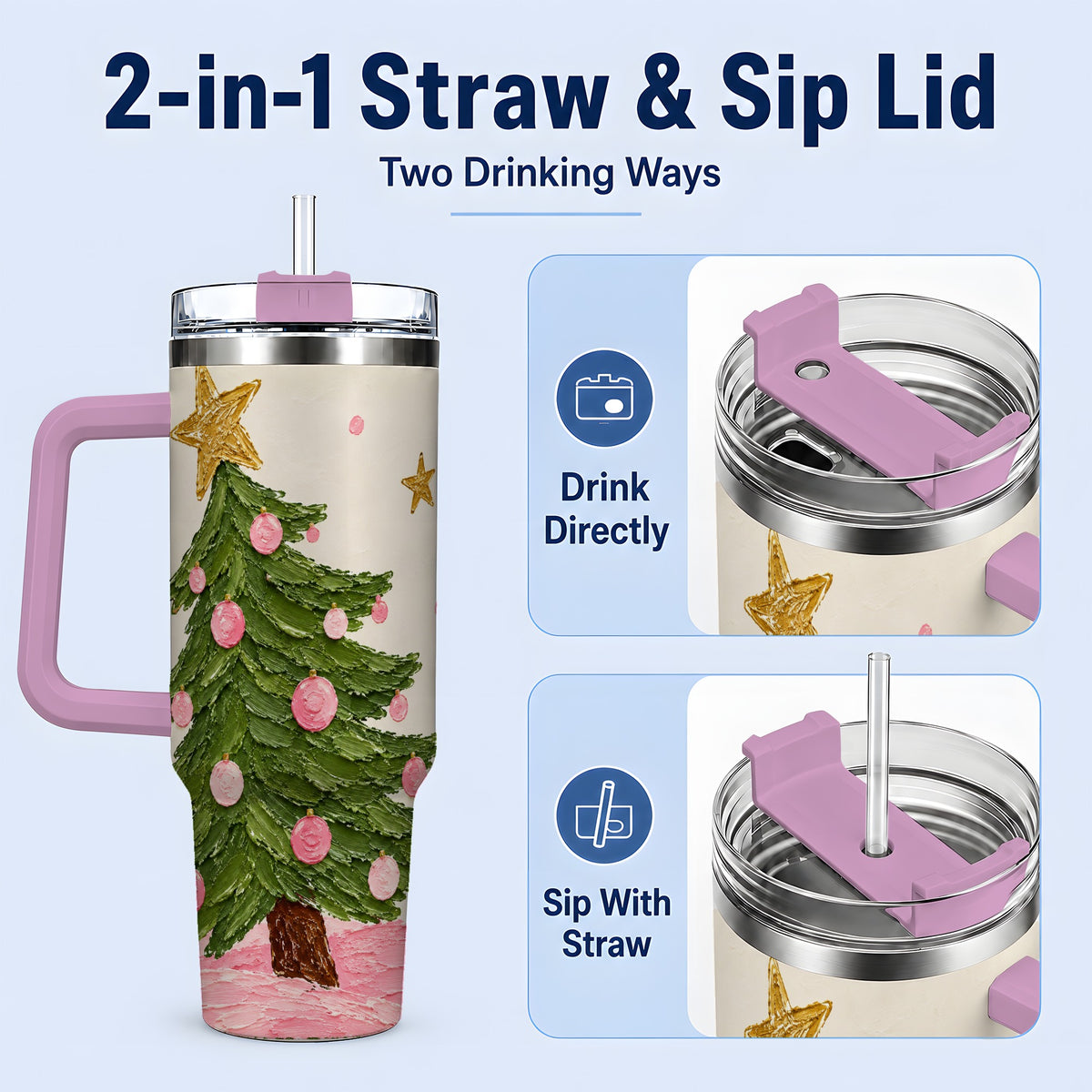 #pl[40oz|Pink] Pink Christmas Tree 40oz Handled Tumbler, Painted Holiday Ornament Art