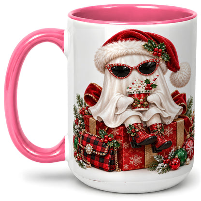 #pl[15oz|Pink] Christmas Ghost Ceramic Mug, Santa Hat and Sunglasses Holiday Art