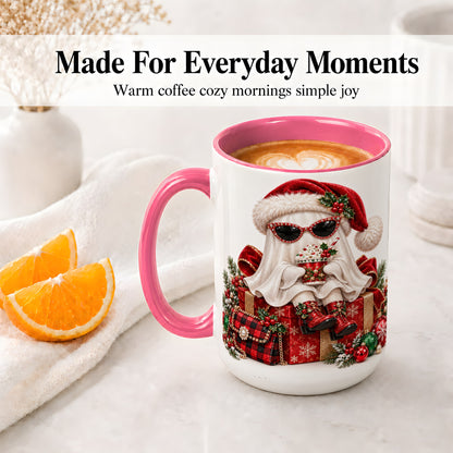 #pl[15oz|Pink] Christmas Ghost Ceramic Mug, Santa Hat and Sunglasses Holiday Art