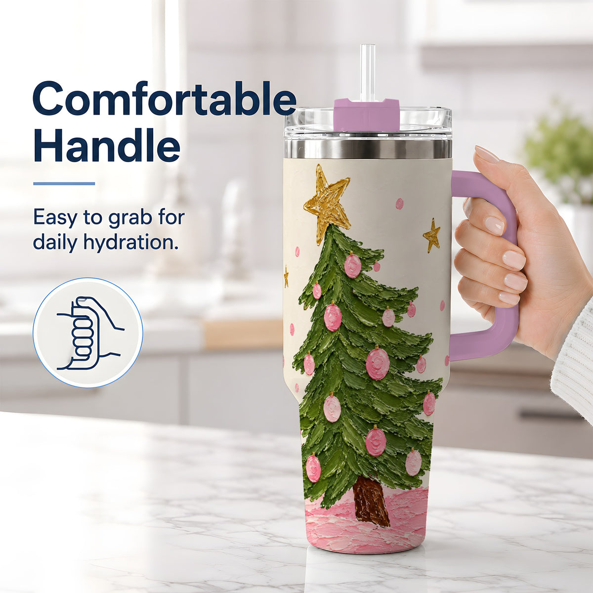 #pl[40oz|Pink] Pink Christmas Tree 40oz Handled Tumbler, Painted Holiday Ornament Art