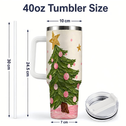 #pl[40oz|White] Pink Christmas Tree 40oz Handled Tumbler, Painted Holiday Ornament Art