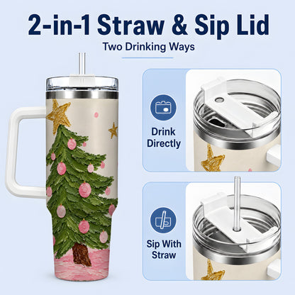 #pl[40oz|White] Pink Christmas Tree 40oz Handled Tumbler, Painted Holiday Ornament Art