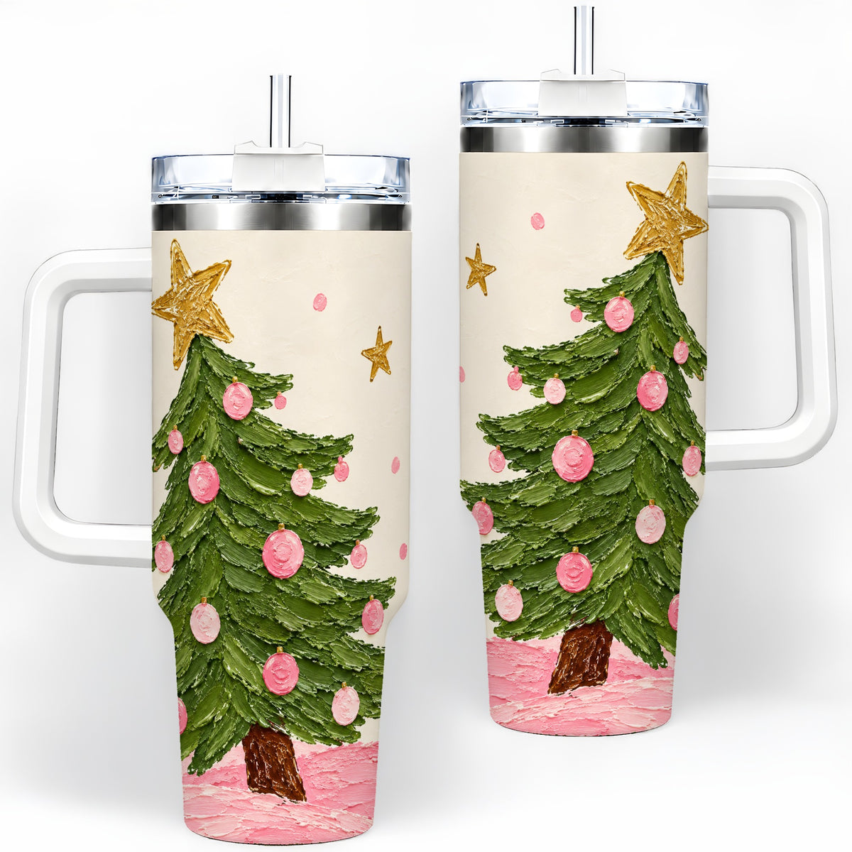 Pink Christmas Tree 40oz Handled Tumbler, Painted Holiday Ornament Art