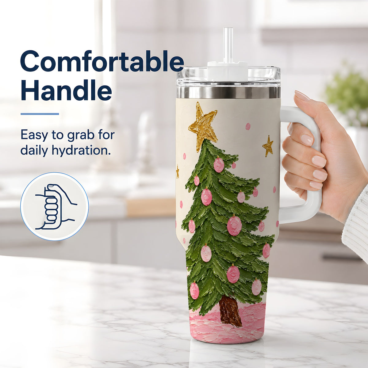 #pl[40oz|White] Pink Christmas Tree 40oz Handled Tumbler, Painted Holiday Ornament Art