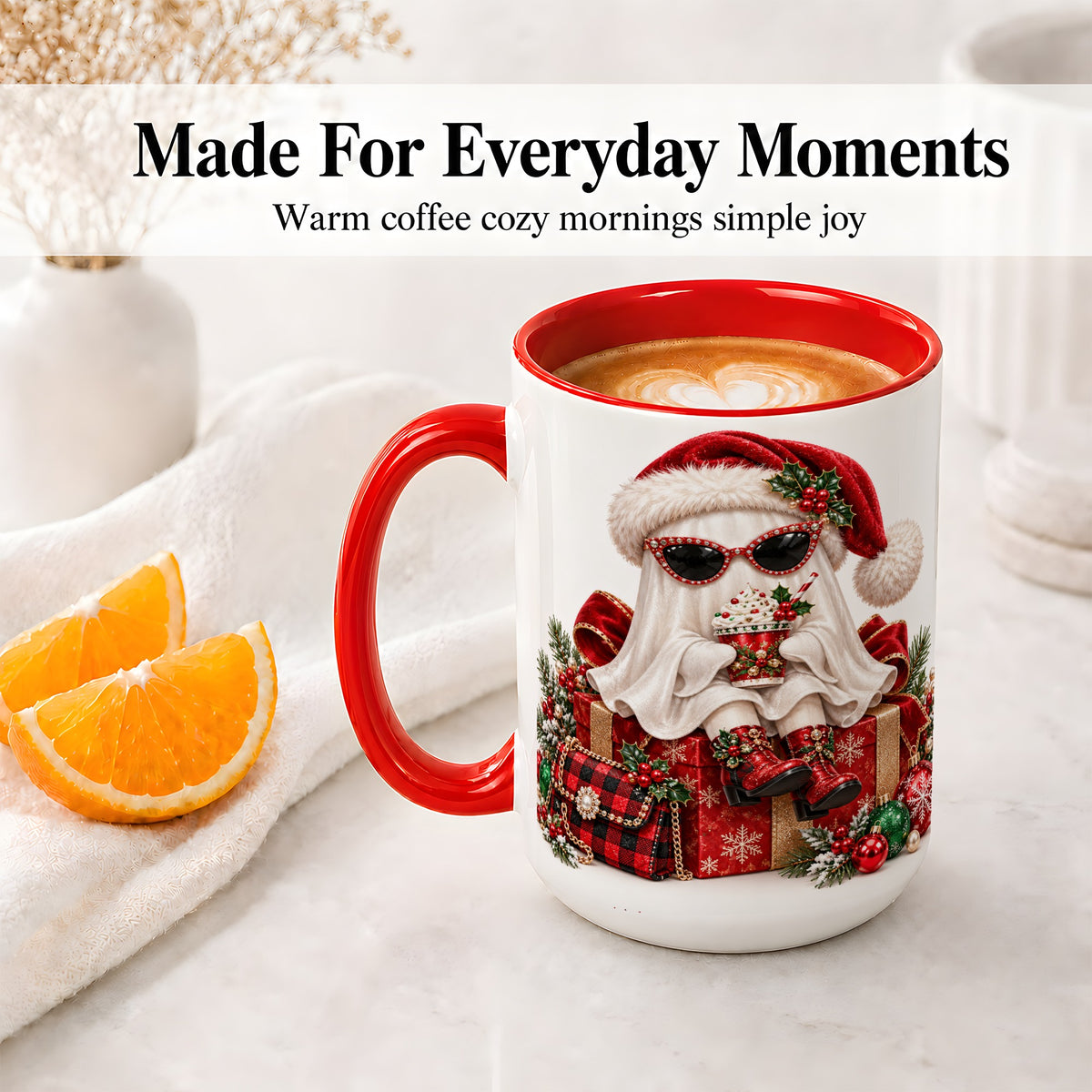 #pl[15oz|Red] Christmas Ghost Ceramic Mug, Santa Hat and Sunglasses Holiday Art