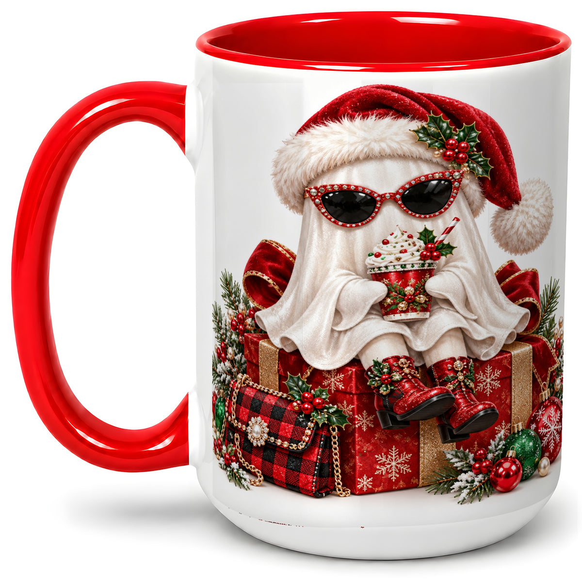 #pl[15oz|Red] Christmas Ghost Ceramic Mug, Santa Hat and Sunglasses Holiday Art