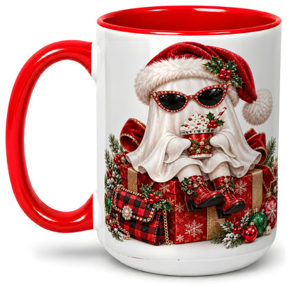 #pl[15oz|Red] Christmas Ghost Ceramic Mug, Santa Hat and Sunglasses Holiday Art