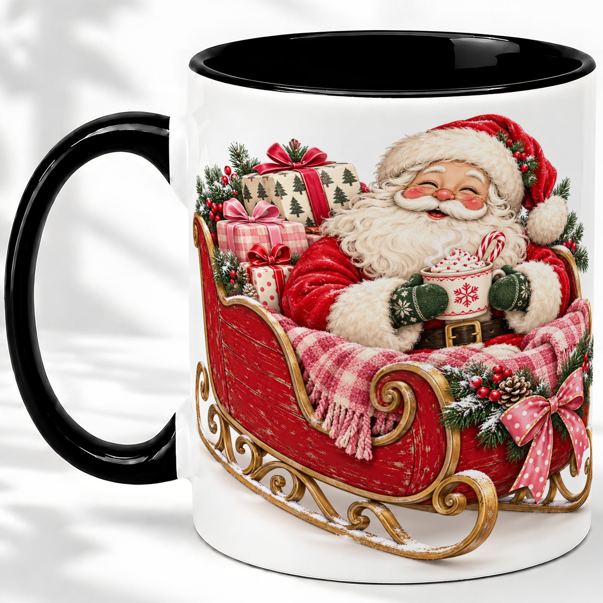 #pl[11oz|Black] Santa Christmas Sleigh Ceramic Mug, Cozy Holiday Hot Cocoa Design