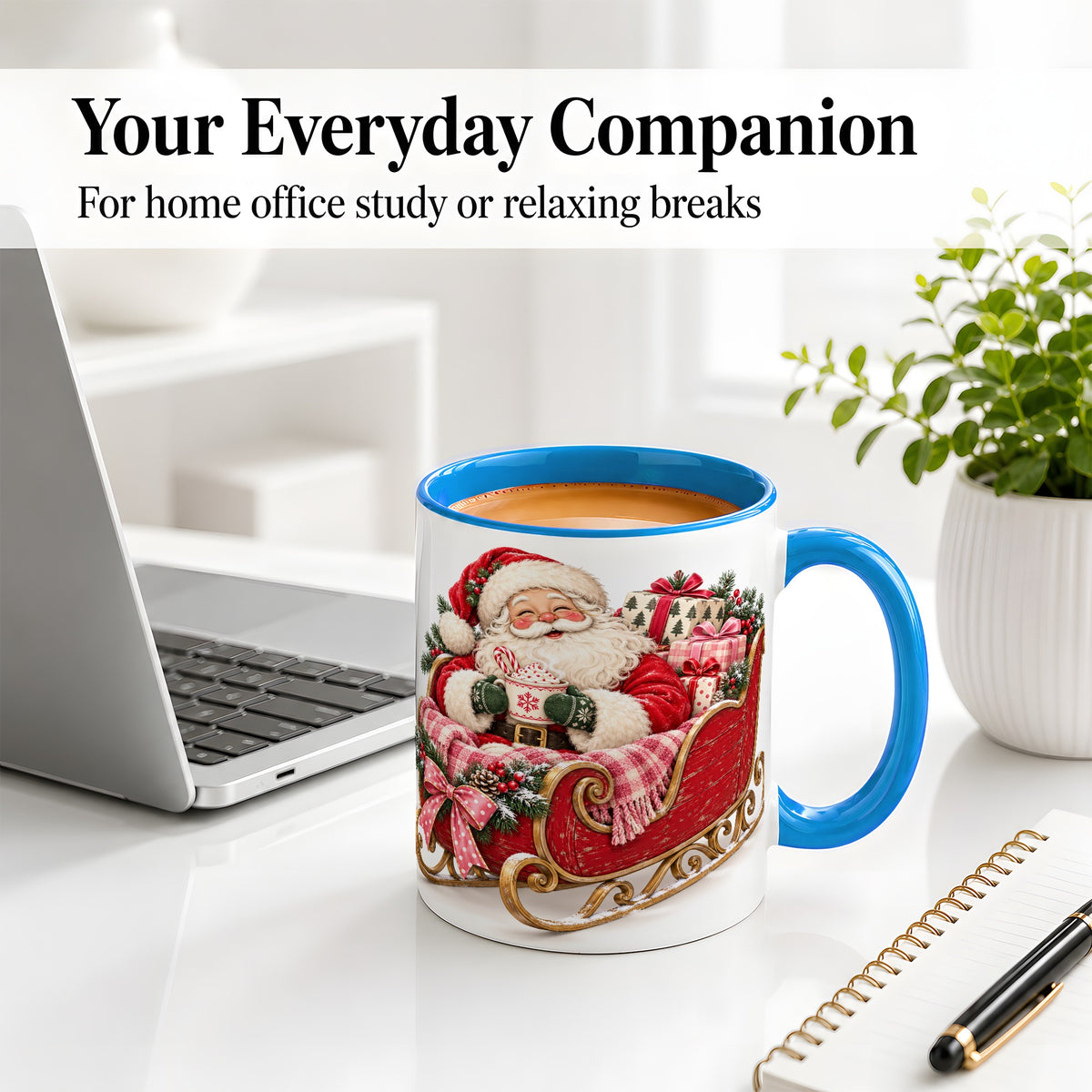 #pl[11oz|Blue] Santa Christmas Sleigh Ceramic Mug, Cozy Holiday Hot Cocoa Design