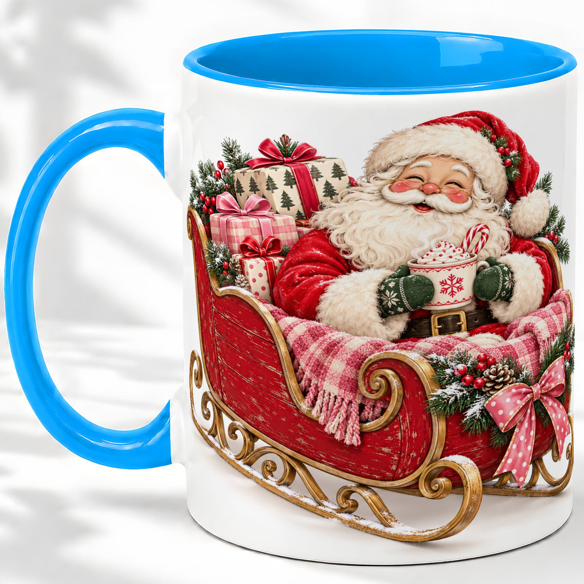 #pl[11oz|Blue] Santa Christmas Sleigh Ceramic Mug, Cozy Holiday Hot Cocoa Design