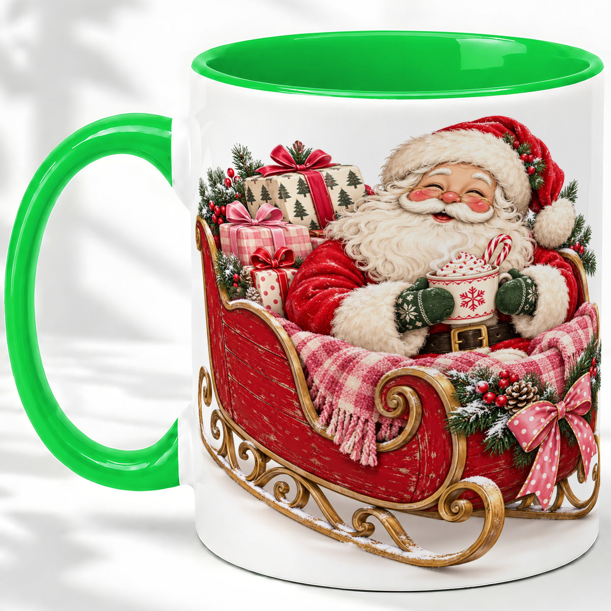 #pl[11oz|Green] Santa Christmas Sleigh Ceramic Mug, Cozy Holiday Hot Cocoa Design