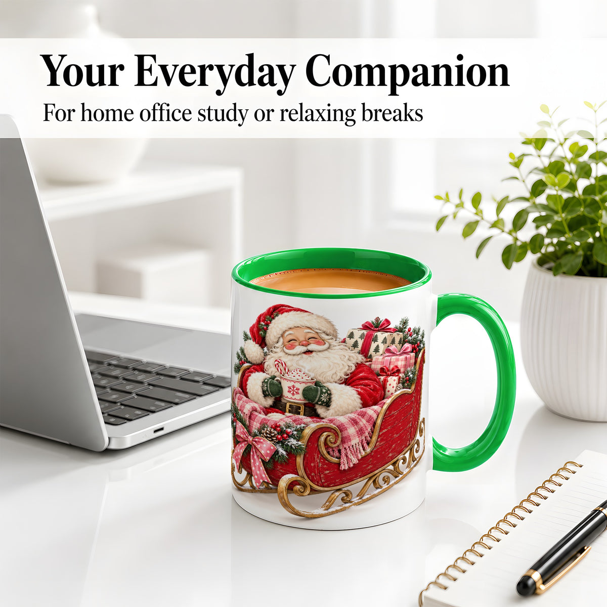 #pl[11oz|Green] Santa Christmas Sleigh Ceramic Mug, Cozy Holiday Hot Cocoa Design