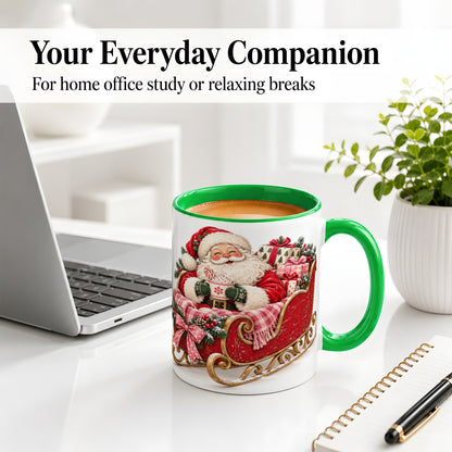 #pl[11oz|Green] Santa Christmas Sleigh Ceramic Mug, Cozy Holiday Hot Cocoa Design