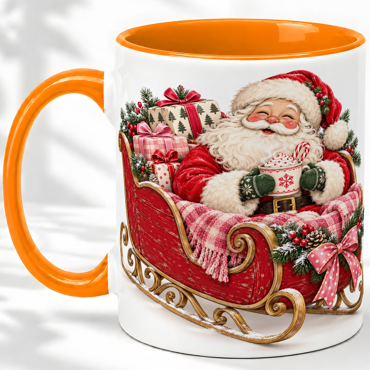 #pl[11oz|Orange] Santa Christmas Sleigh Ceramic Mug, Cozy Holiday Hot Cocoa Design
