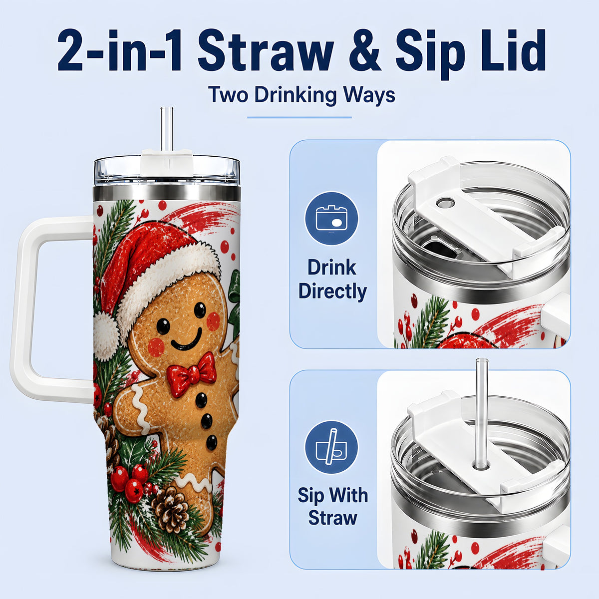 #pl[40oz|White] Christmas Gingerbread Man 40oz Handled Tumbler, Festive Holiday Design