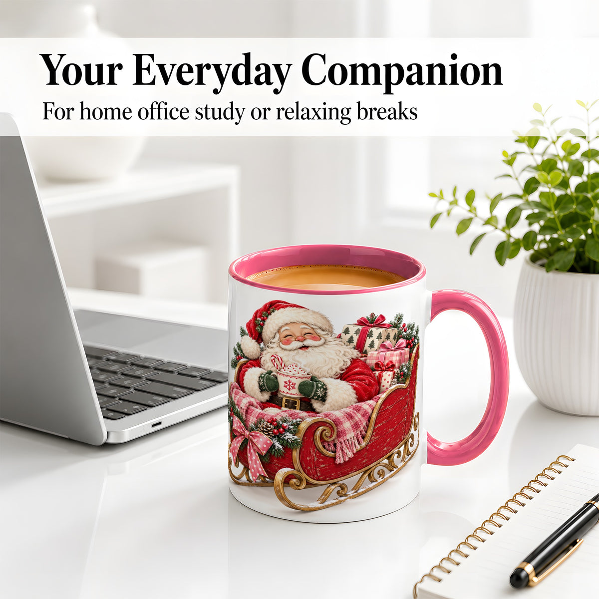 #pl[11oz|Pink] Santa Christmas Sleigh Ceramic Mug, Cozy Holiday Hot Cocoa Design