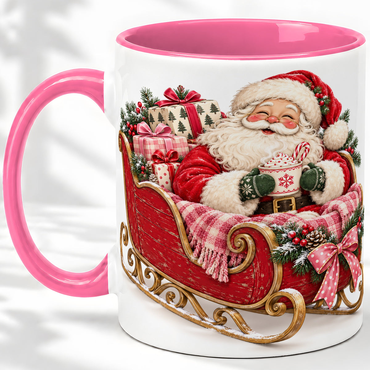 #pl[11oz|Pink] Santa Christmas Sleigh Ceramic Mug, Cozy Holiday Hot Cocoa Design