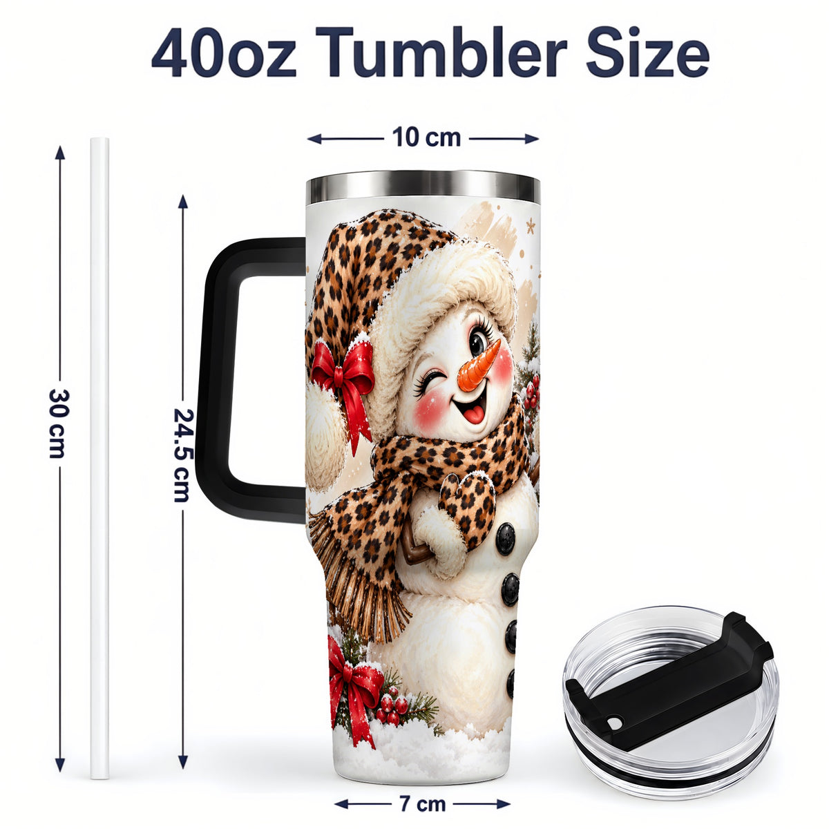 #pl[40oz|Black] Leopard Print Snowman 40oz Handled Tumbler, Cute Winter Holiday Art