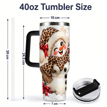 #pl[40oz|Black] Leopard Print Snowman 40oz Handled Tumbler, Cute Winter Holiday Art