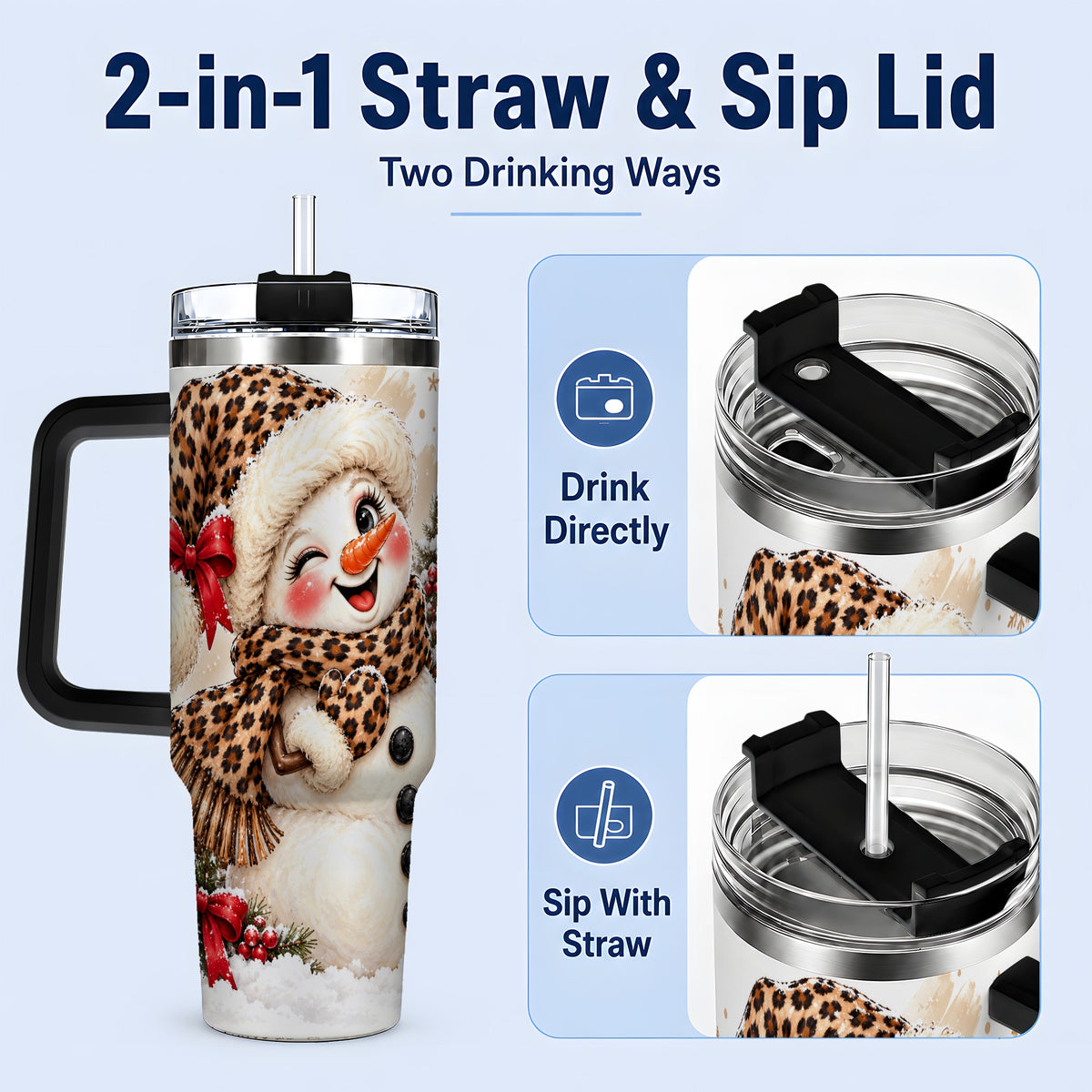 #pl[40oz|Black] Leopard Print Snowman 40oz Handled Tumbler, Cute Winter Holiday Art