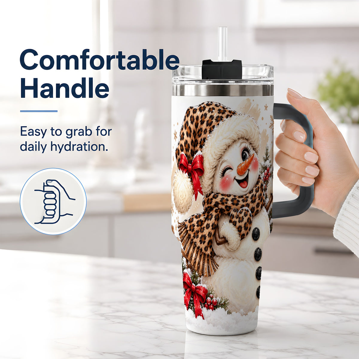 #pl[40oz|Black] Leopard Print Snowman 40oz Handled Tumbler, Cute Winter Holiday Art