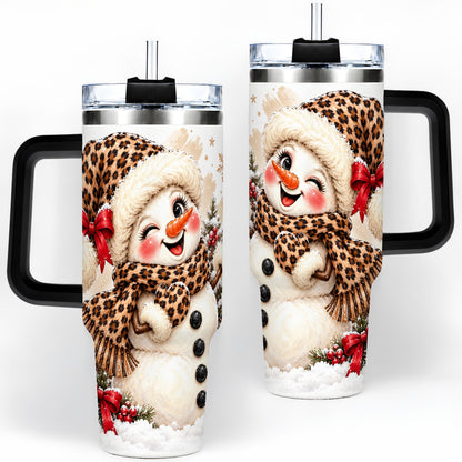 #pl[40oz|Black] Leopard Print Snowman 40oz Handled Tumbler, Cute Winter Holiday Art