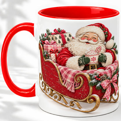 Santa Christmas Sleigh Ceramic Mug, Cozy Holiday Hot Cocoa Design