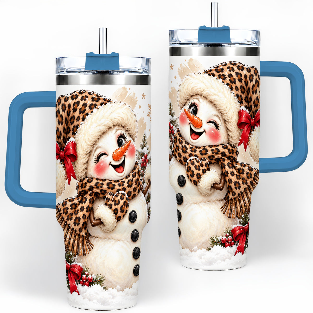 #pl[40oz|Blue] Leopard Print Snowman 40oz Handled Tumbler, Cute Winter Holiday Art