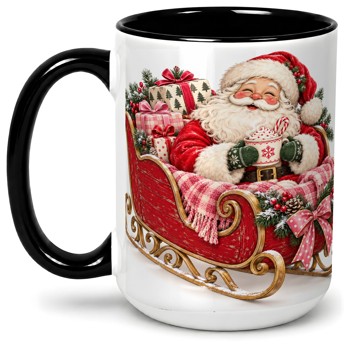 #pl[15oz|Black] Santa Christmas Sleigh Ceramic Mug, Cozy Holiday Hot Cocoa Design