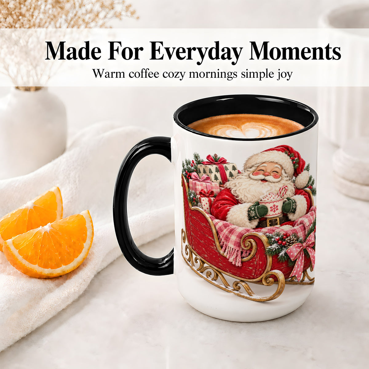 #pl[15oz|Black] Santa Christmas Sleigh Ceramic Mug, Cozy Holiday Hot Cocoa Design