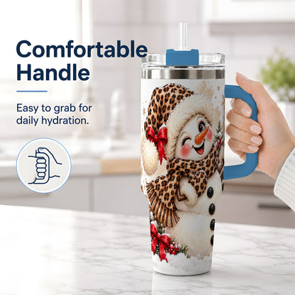 #pl[40oz|Blue] Leopard Print Snowman 40oz Handled Tumbler, Cute Winter Holiday Art