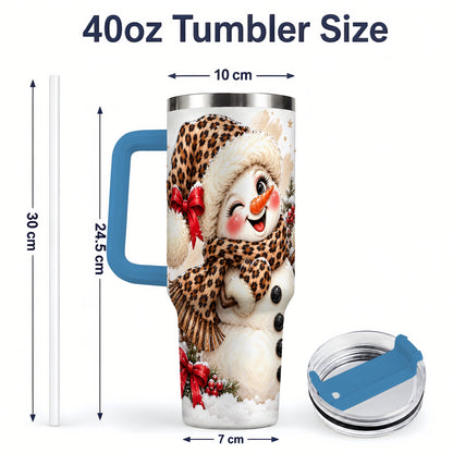 #pl[40oz|Blue] Leopard Print Snowman 40oz Handled Tumbler, Cute Winter Holiday Art