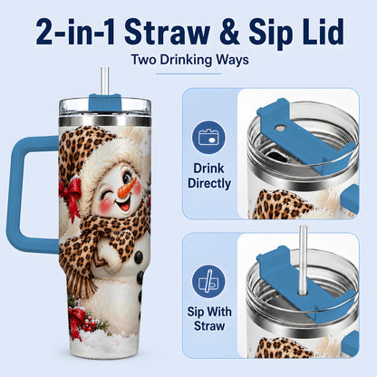 #pl[40oz|Blue] Leopard Print Snowman 40oz Handled Tumbler, Cute Winter Holiday Art