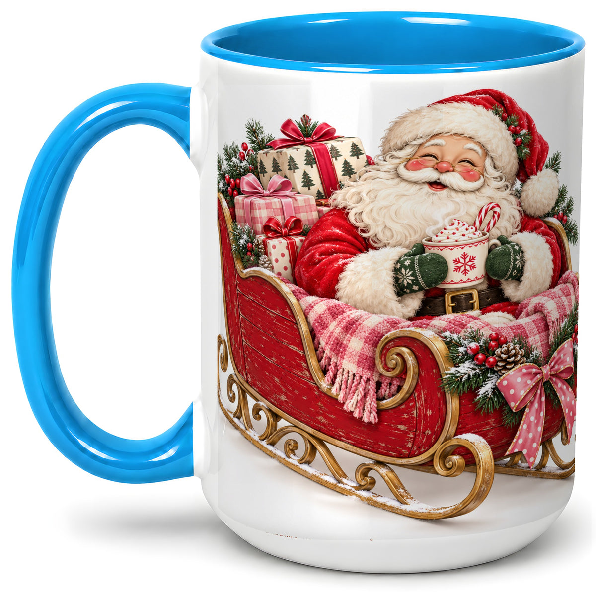 #pl[15oz|Blue] Santa Christmas Sleigh Ceramic Mug, Cozy Holiday Hot Cocoa Design