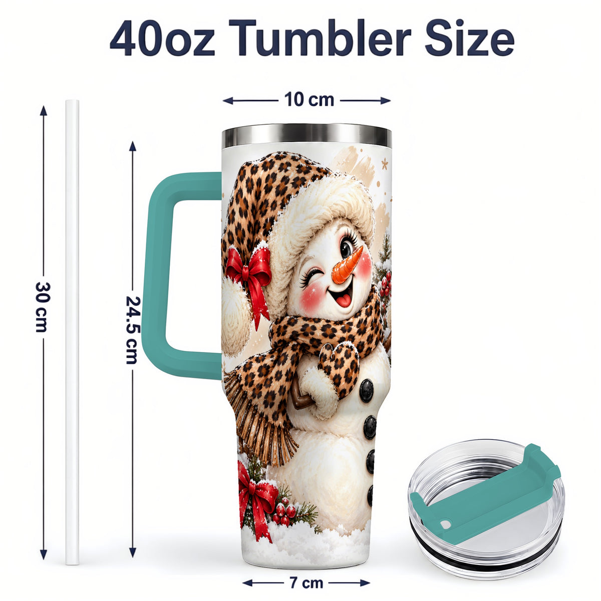 #pl[40oz|Green] Leopard Print Snowman 40oz Handled Tumbler, Cute Winter Holiday Art