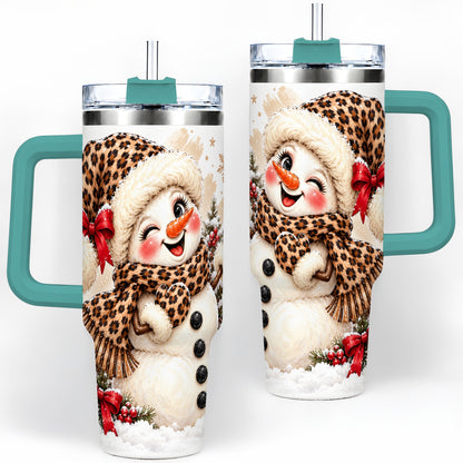 #pl[40oz|Green] Leopard Print Snowman 40oz Handled Tumbler, Cute Winter Holiday Art