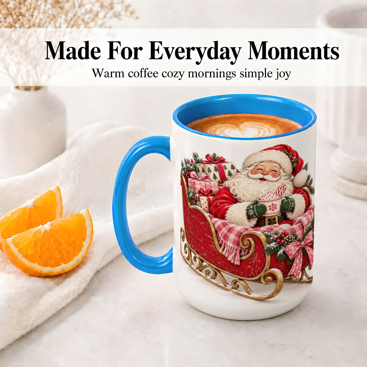 #pl[15oz|Blue] Santa Christmas Sleigh Ceramic Mug, Cozy Holiday Hot Cocoa Design
