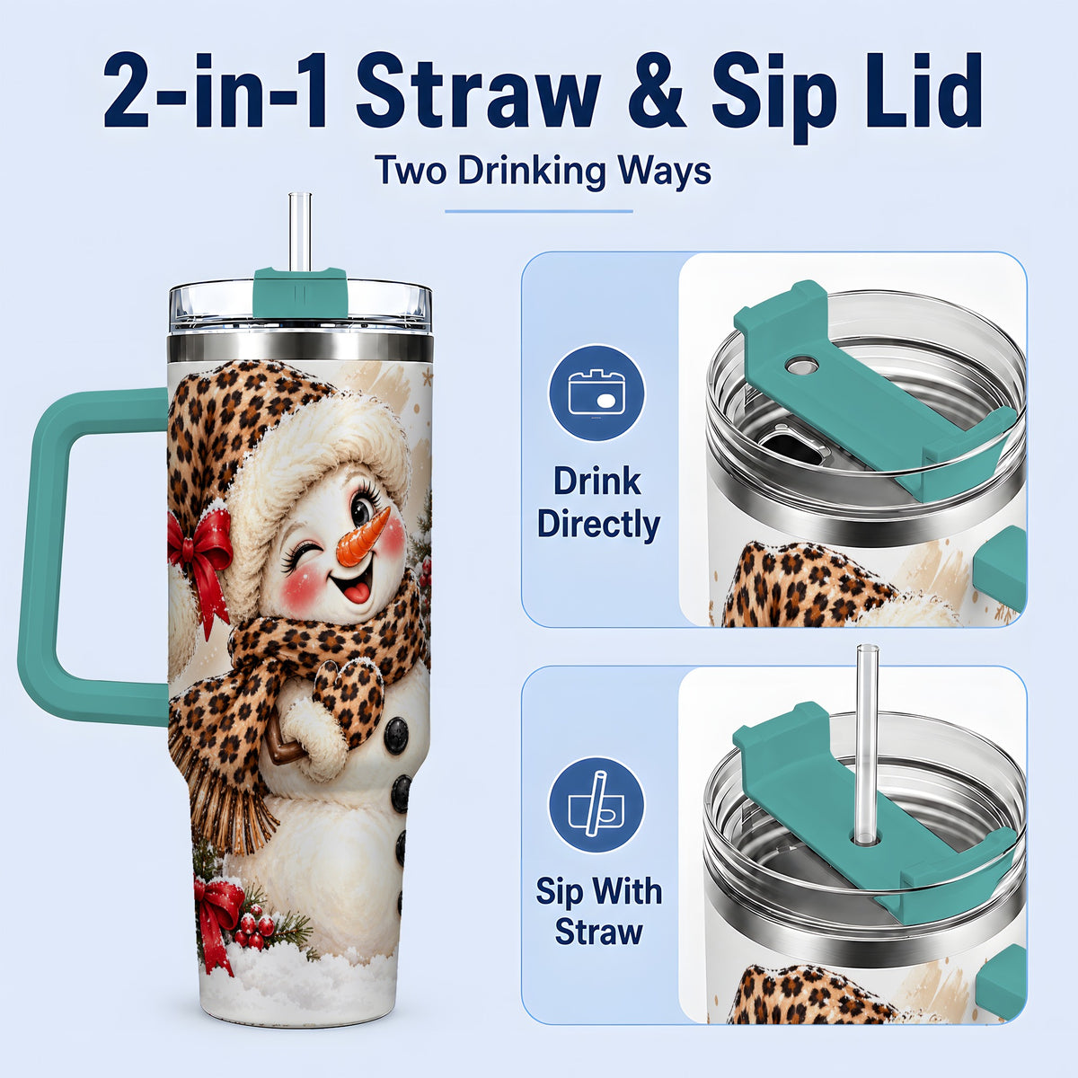 #pl[40oz|Green] Leopard Print Snowman 40oz Handled Tumbler, Cute Winter Holiday Art