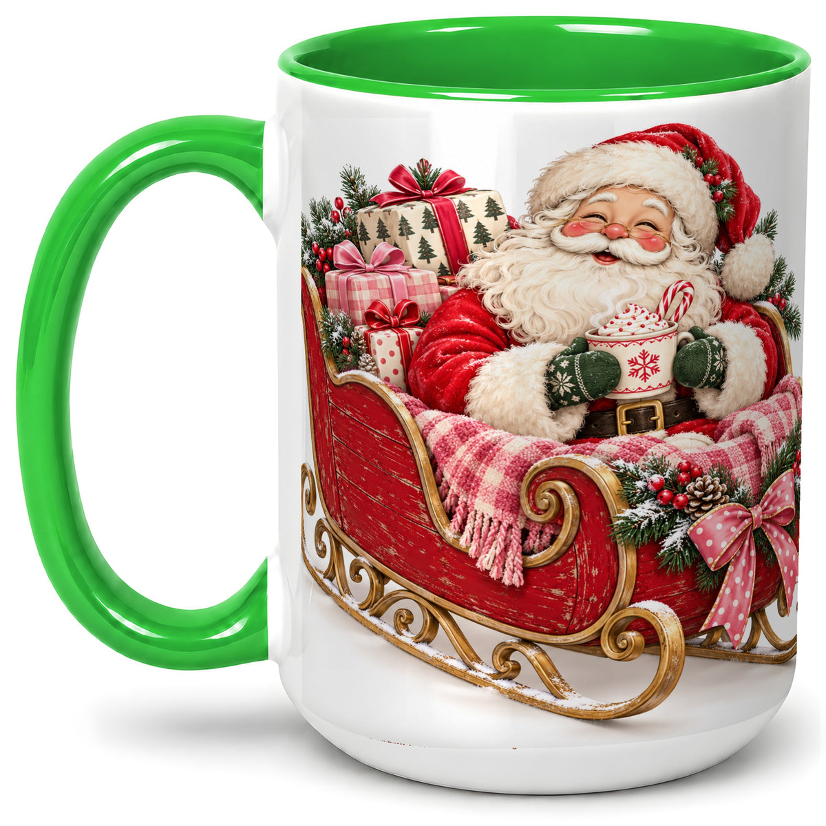 #pl[15oz|Green] Santa Christmas Sleigh Ceramic Mug, Cozy Holiday Hot Cocoa Design