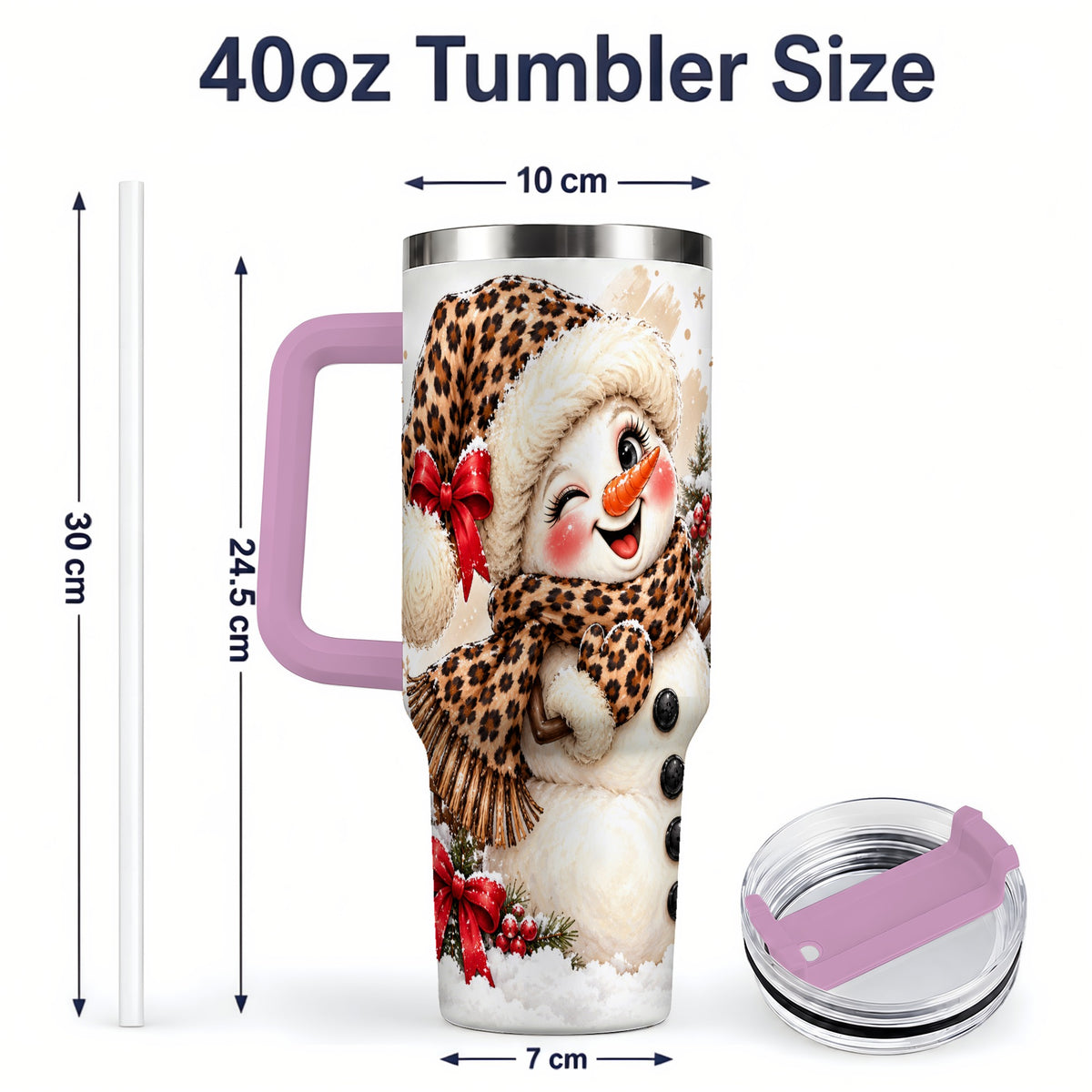 #pl[40oz|Pink] Leopard Print Snowman 40oz Handled Tumbler, Cute Winter Holiday Art