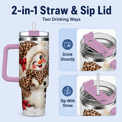 #pl[40oz|Pink] Leopard Print Snowman 40oz Handled Tumbler, Cute Winter Holiday Art