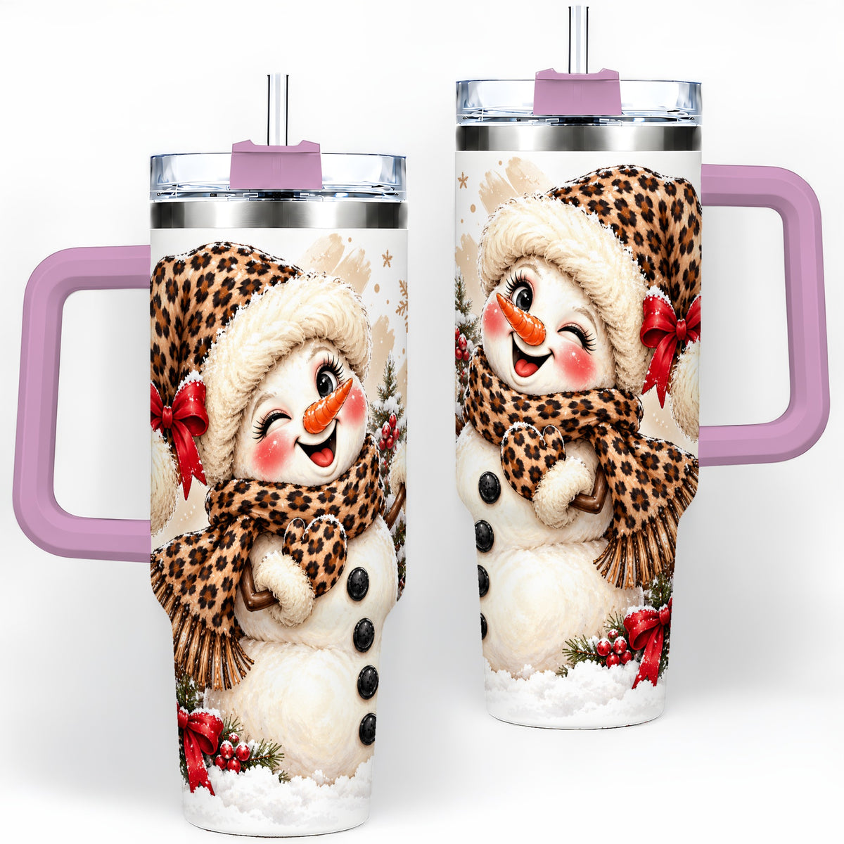 #pl[40oz|Pink] Leopard Print Snowman 40oz Handled Tumbler, Cute Winter Holiday Art