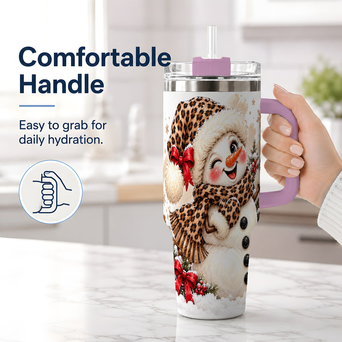 #pl[40oz|Pink] Leopard Print Snowman 40oz Handled Tumbler, Cute Winter Holiday Art