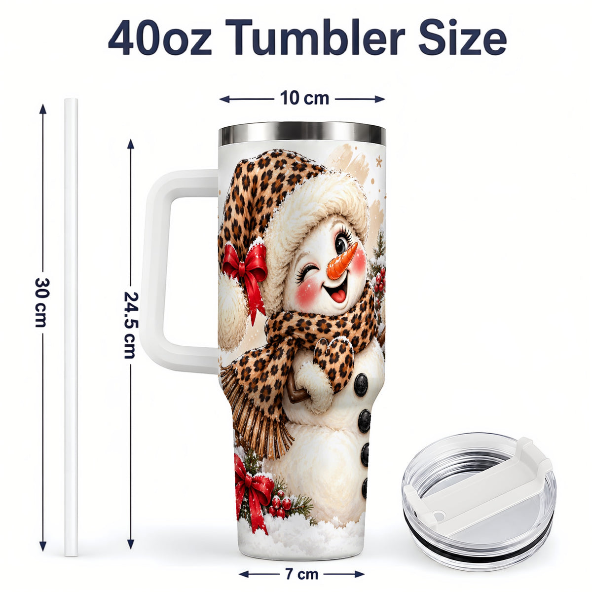 #pl[40oz|White] Leopard Print Snowman 40oz Handled Tumbler, Cute Winter Holiday Art