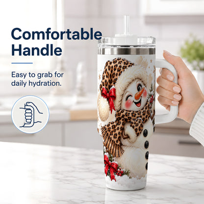 #pl[40oz|White] Leopard Print Snowman 40oz Handled Tumbler, Cute Winter Holiday Art
