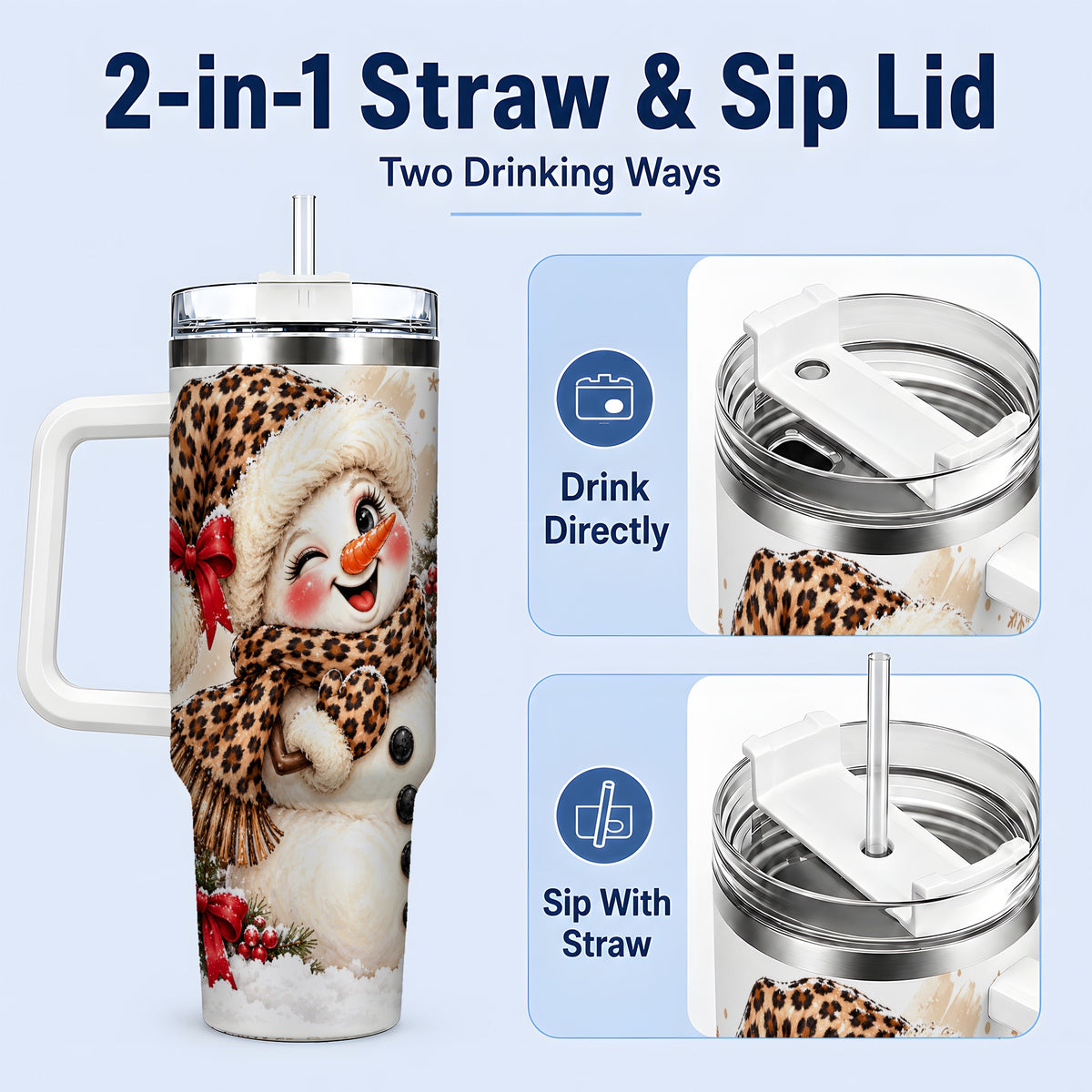 #pl[40oz|White] Leopard Print Snowman 40oz Handled Tumbler, Cute Winter Holiday Art