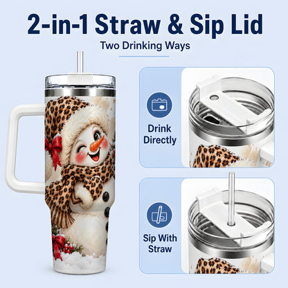 #pl[40oz|White] Leopard Print Snowman 40oz Handled Tumbler, Cute Winter Holiday Art