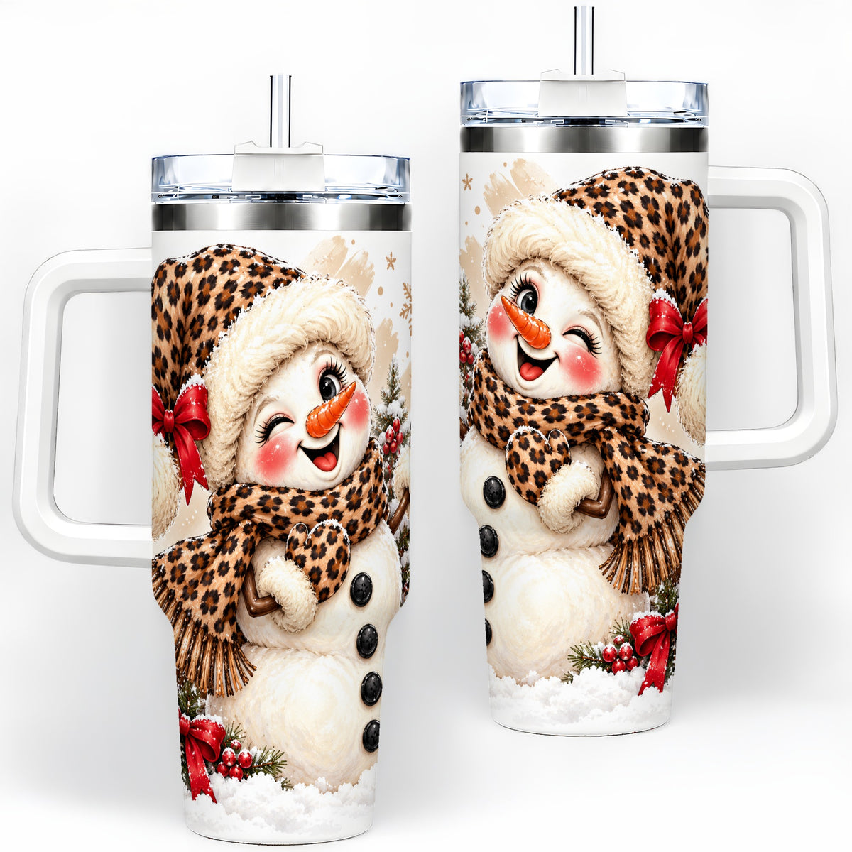 Leopard Print Snowman 40oz Handled Tumbler, Cute Winter Holiday Art